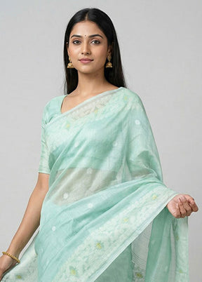 Green Handloom Tussar Pure Silk Saree With Blouse Piece