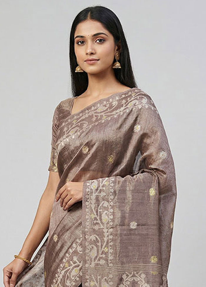Grey Handloom Tussar Pure Silk Saree With Blouse Piece