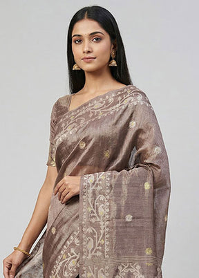 Grey Handloom Tussar Pure Silk Saree With Blouse Piece