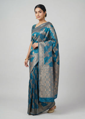 Blue Dupion Silk Saree With Blouse Piece