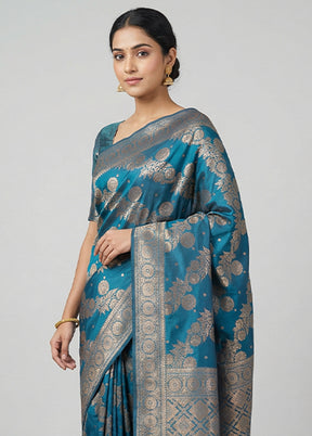 Blue Dupion Silk Saree With Blouse Piece