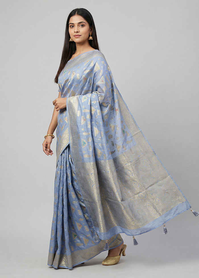 Blue Dupion Silk Saree With Blouse Piece