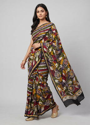 Black Printed Silk Saree Without Blouse Piece