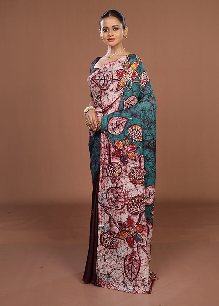 Green Printed Silk Saree Without Blouse Piece