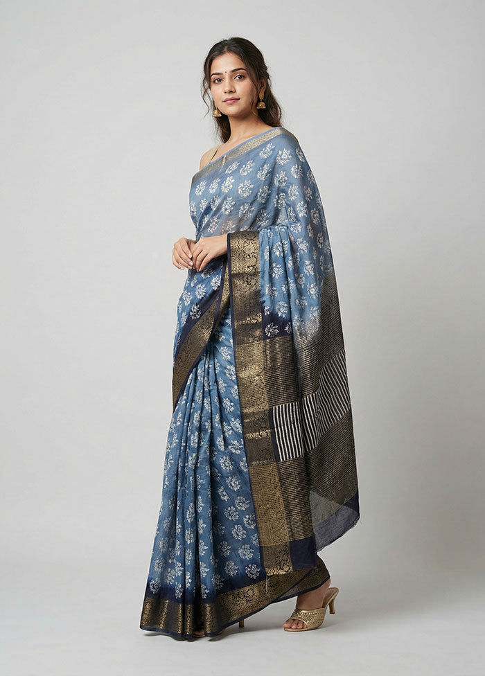 Blue Chanderi Silk Saree With Blouse Piece