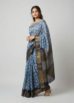 Blue Chanderi Silk Saree With Blouse Piece