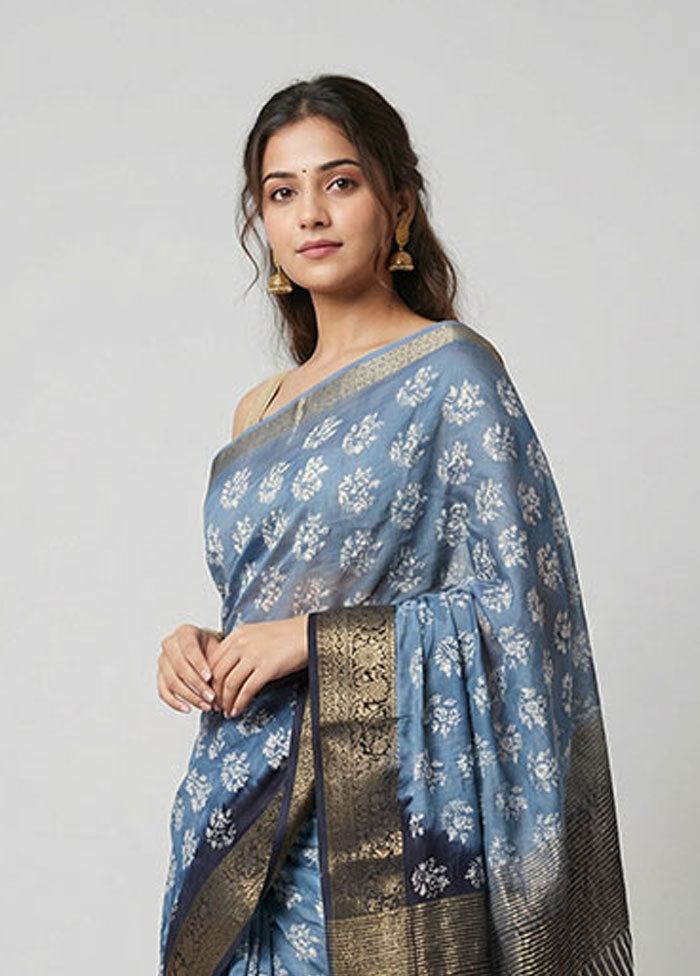 Blue Chanderi Silk Saree With Blouse Piece