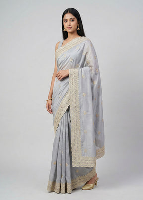 Grey Dupion Silk Saree With Blouse Piece