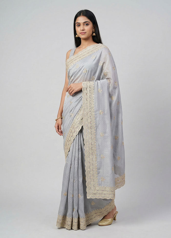 Grey Dupion Silk Saree With Blouse Piece