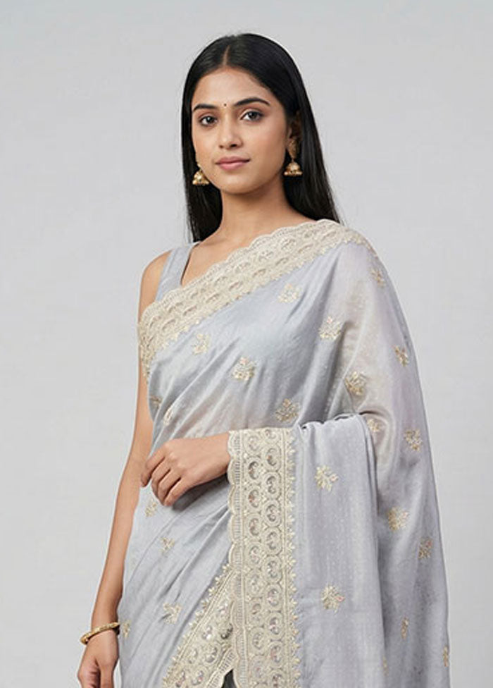 Grey Dupion Silk Saree With Blouse Piece