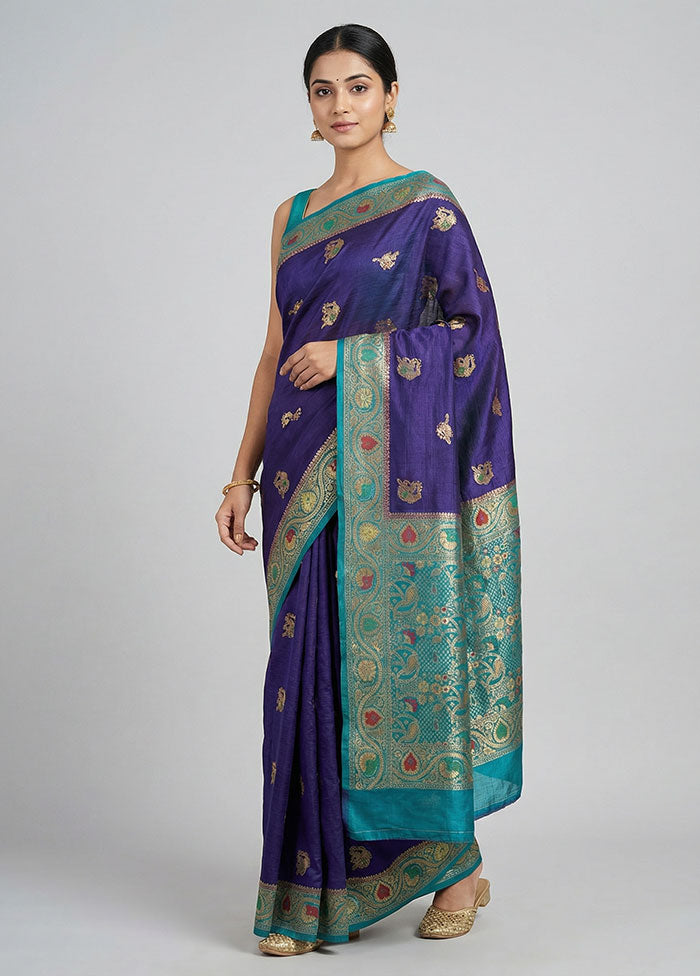 Blue Dupion Silk Saree With Blouse Piece