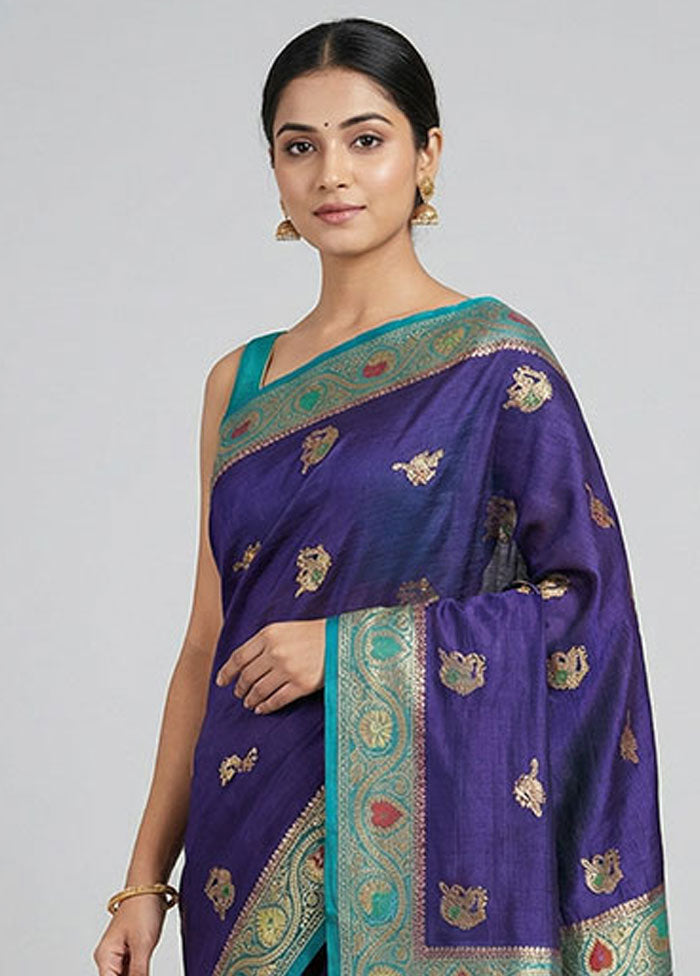 Blue Dupion Silk Saree With Blouse Piece