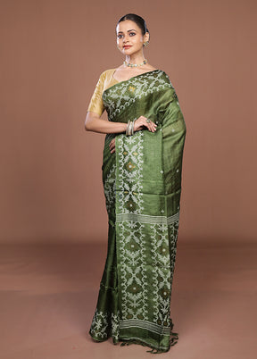 Green Handloom Tussar Pure Silk Saree With Blouse Piece