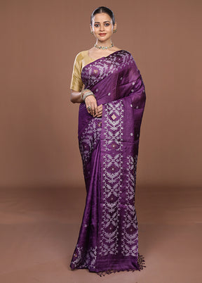 Purple Handloom Tussar Pure Silk Saree With Blouse Piece