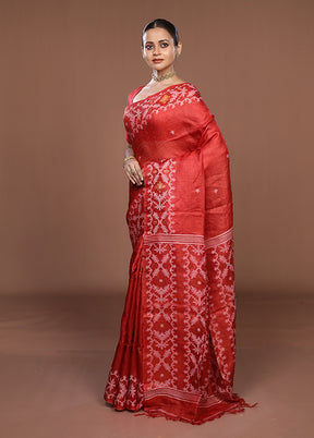 Red Handloom Tussar Pure Silk Saree With Blouse Piece