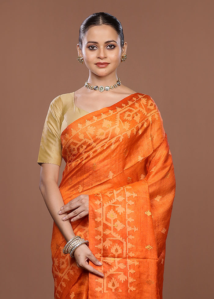 Orange Handloom Tussar Silk Saree With Blouse Piece