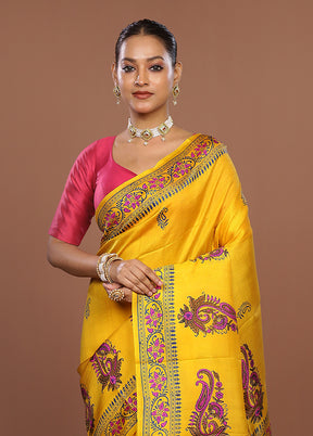 Yellow Printed Silk Saree Without Blouse Piece