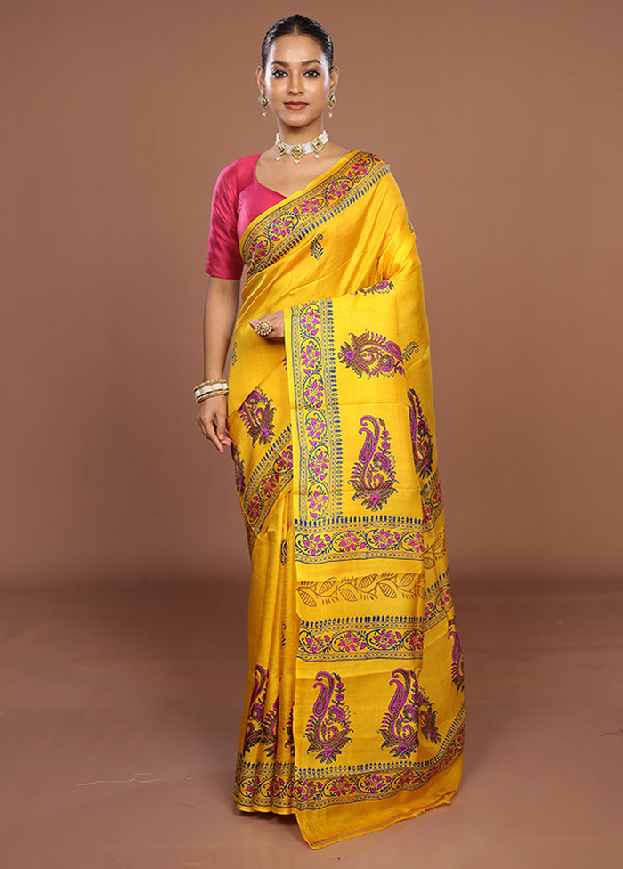 Yellow Printed Silk Saree Without Blouse Piece