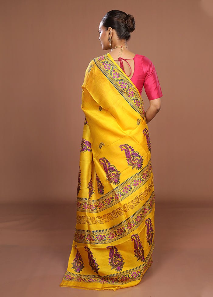 Yellow Printed Silk Saree Without Blouse Piece
