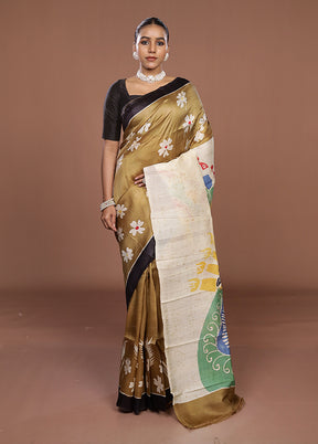 Cream Printed Silk Saree Without Blouse Piece
