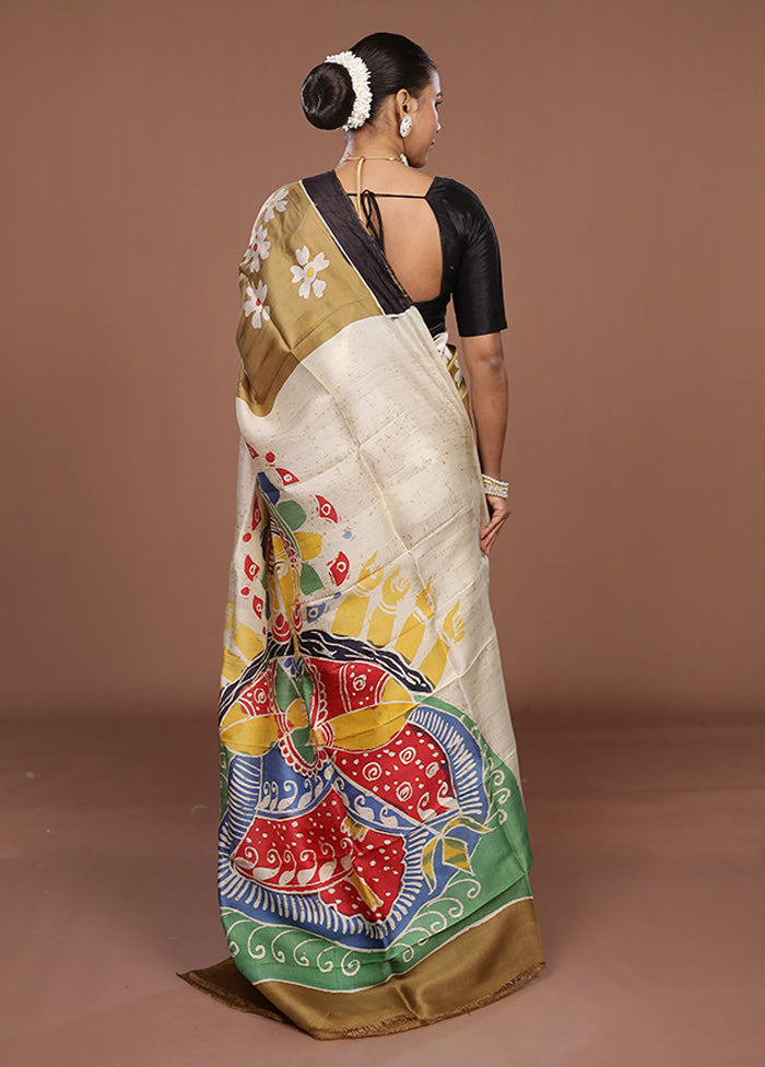 Cream Printed Silk Saree Without Blouse Piece