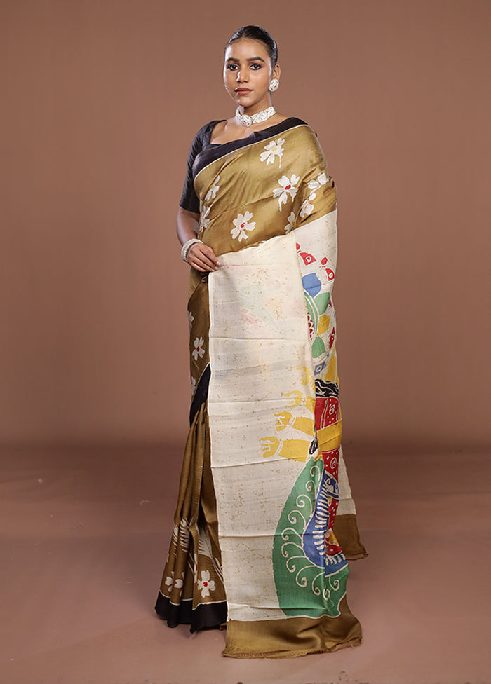 Cream Printed Silk Saree Without Blouse Piece