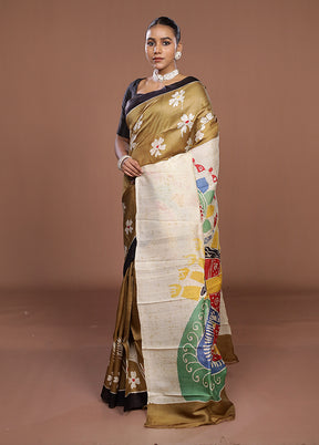 Cream Printed Silk Saree Without Blouse Piece