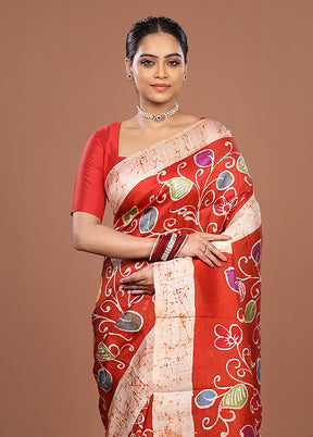 Red Printed Pure Silk Saree Without Blouse Piece
