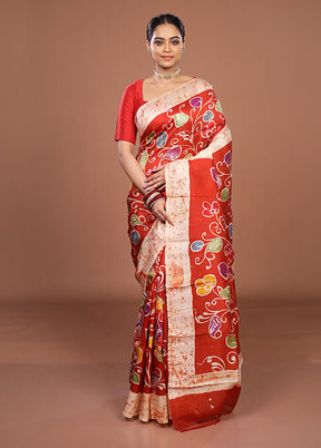Red Printed Pure Silk Saree Without Blouse Piece