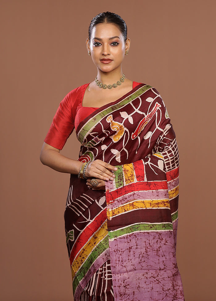 Maroon Printed Pure Silk Saree Without Blouse Piece