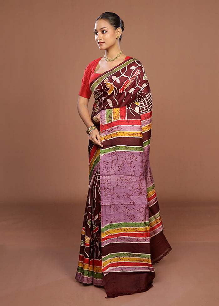 Maroon Printed Pure Silk Saree Without Blouse Piece