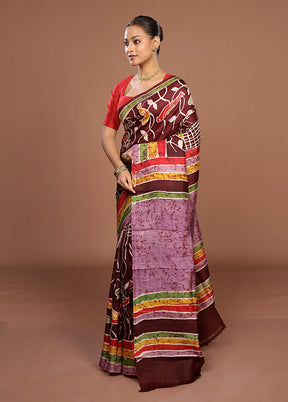 Maroon Printed Pure Silk Saree Without Blouse Piece