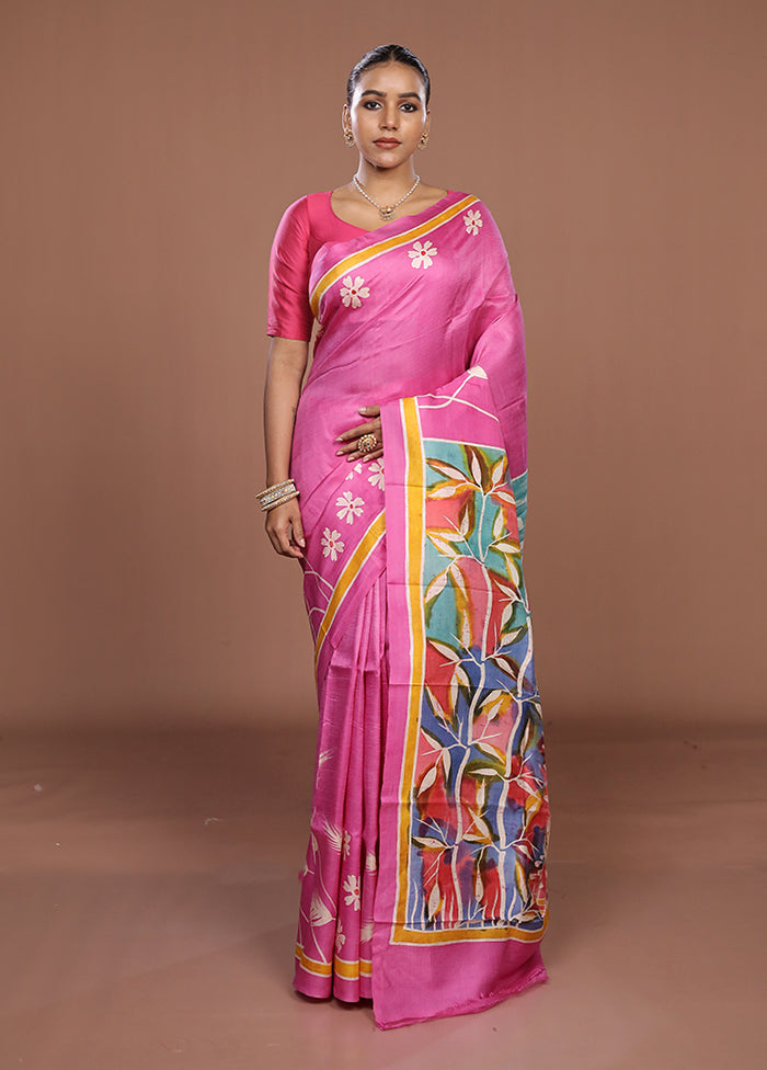 Pink Printed Silk Saree Without Blouse Piece