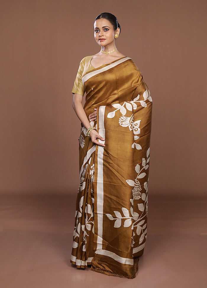 Cream Printed Silk Saree Without Blouse Piece