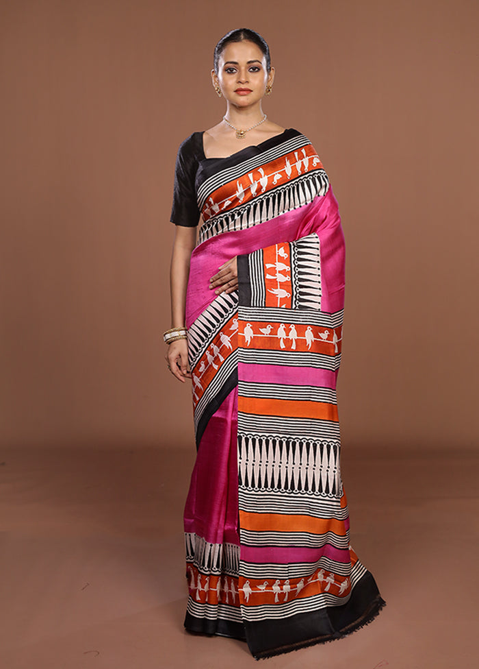 Pink Printed Silk Saree Without Blouse Piece