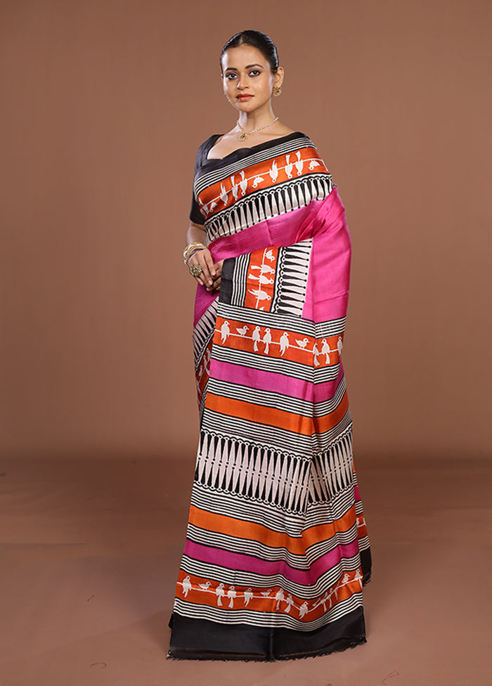 Pink Printed Silk Saree Without Blouse Piece