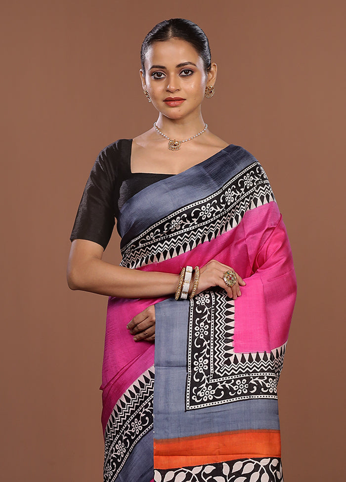 Pink Printed Silk Saree Without Blouse Piece