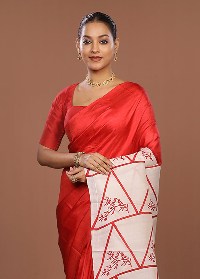 Red Printed Silk Saree Without Blouse Piece