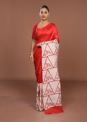 Red Printed Silk Saree Without Blouse Piece