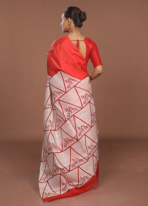 Red Printed Silk Saree Without Blouse Piece