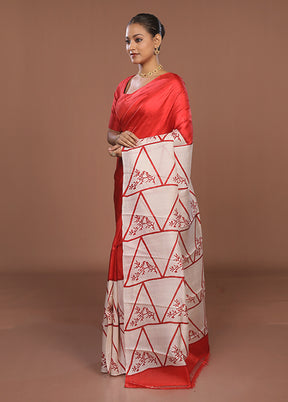 Red Printed Silk Saree Without Blouse Piece