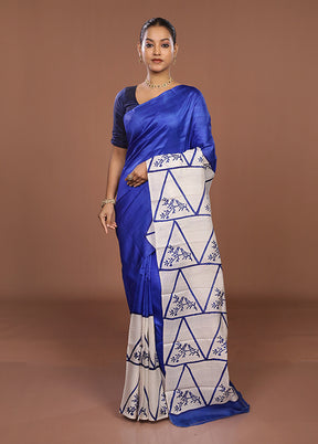 Blue Printed Silk Saree Without Blouse Piece