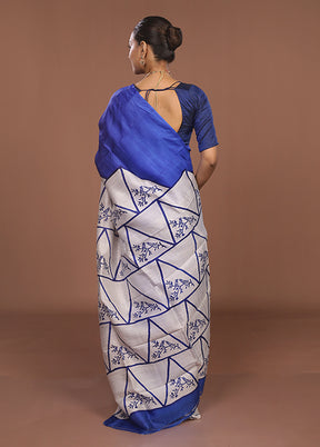 Blue Printed Silk Saree Without Blouse Piece