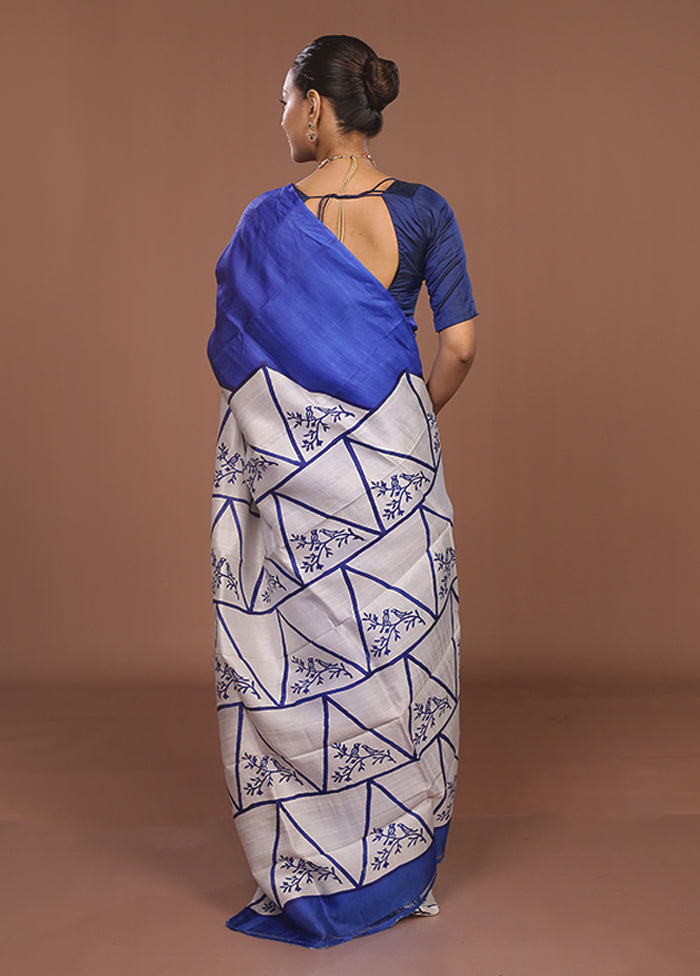 Blue Printed Silk Saree Without Blouse Piece