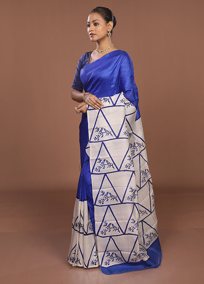 Blue Printed Silk Saree Without Blouse Piece