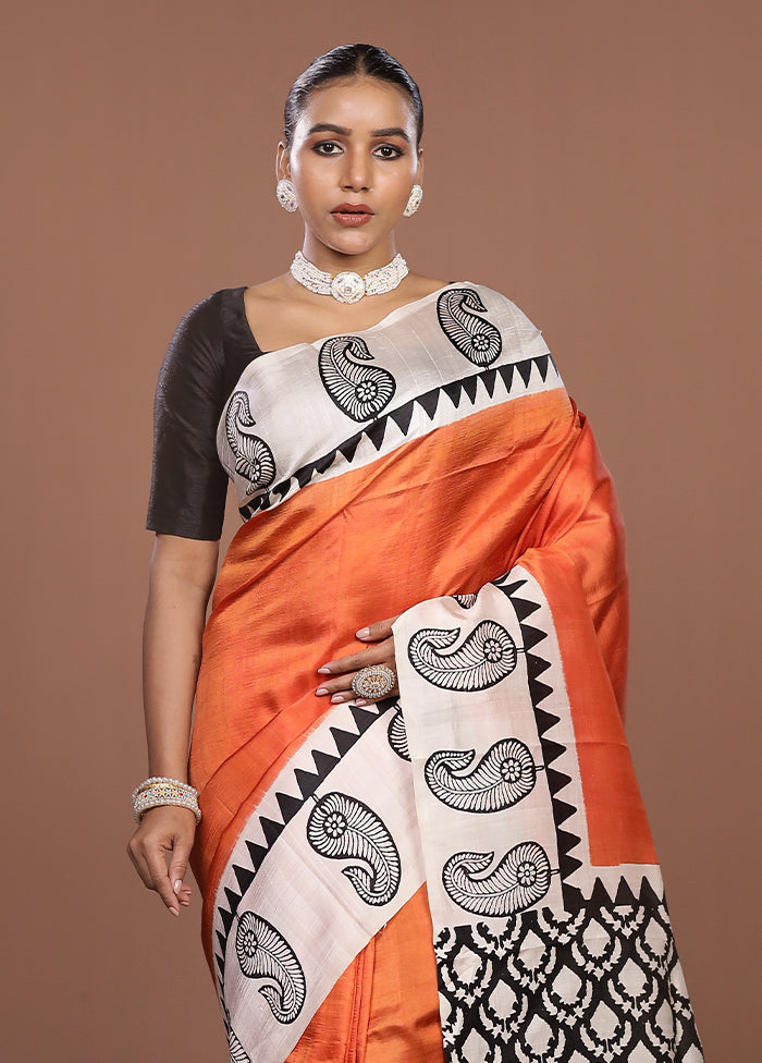 Rust Printed Silk Saree Without Blouse Piece