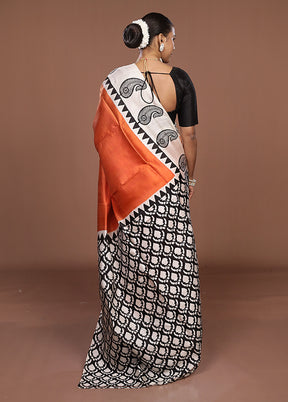 Rust Printed Silk Saree Without Blouse Piece