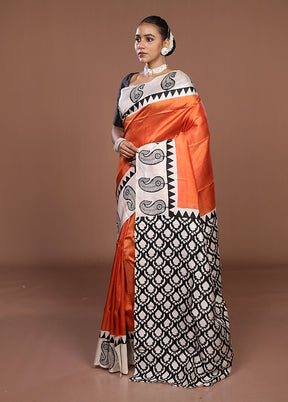 Rust Printed Silk Saree Without Blouse Piece