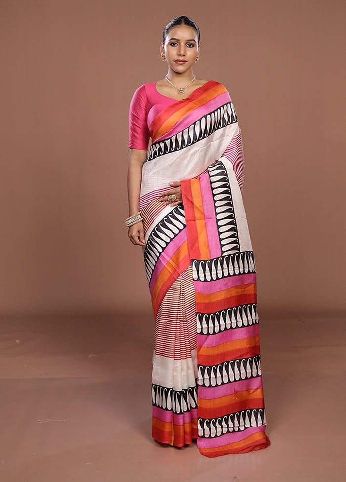 Cream Printed Silk Saree Without Blouse Piece