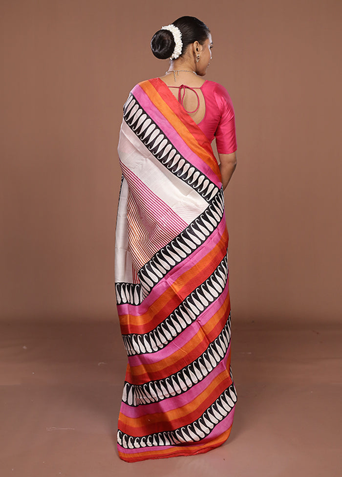 Cream Printed Silk Saree Without Blouse Piece